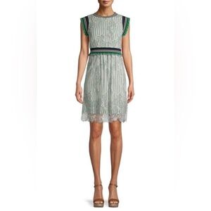 NWT $120 SUI BY ANNA SUI Green White Striped Dress Floral Lace Overlay Sz Large